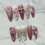 Full set 10 gothic rose almond press-on nails on white marble background custom press-on nails pink shimmer — LuxepressCo