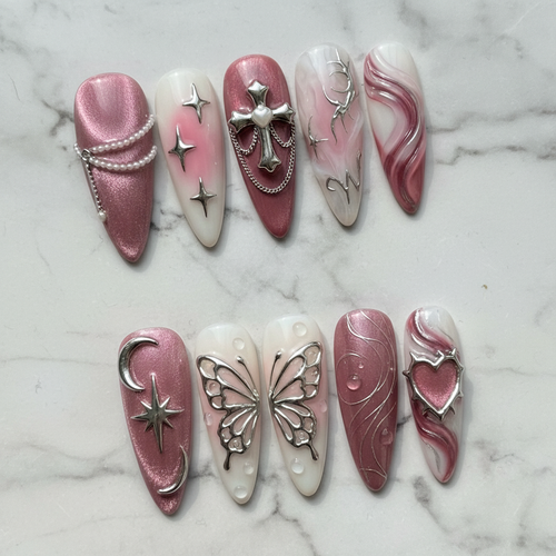 Full set 10 gothic rose almond press-on nails on white marble background custom press-on nails pink shimmer — LuxepressCo