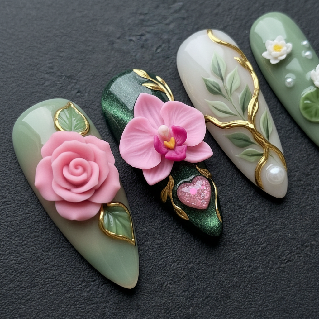 Close-up 3D pink rose and forest green chrome orchid custom press-on nails dramatic lighting — LuxepressCo