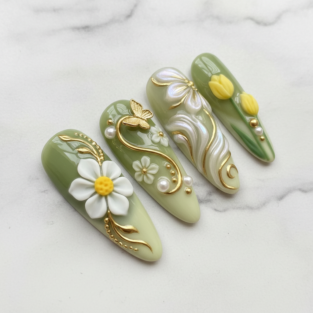 Pearl iridescent leaf yellow tulip macro custom press-on nails sage green — LuxepressCo