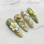 Pearl iridescent leaf yellow tulip macro custom press-on nails sage green — LuxepressCo