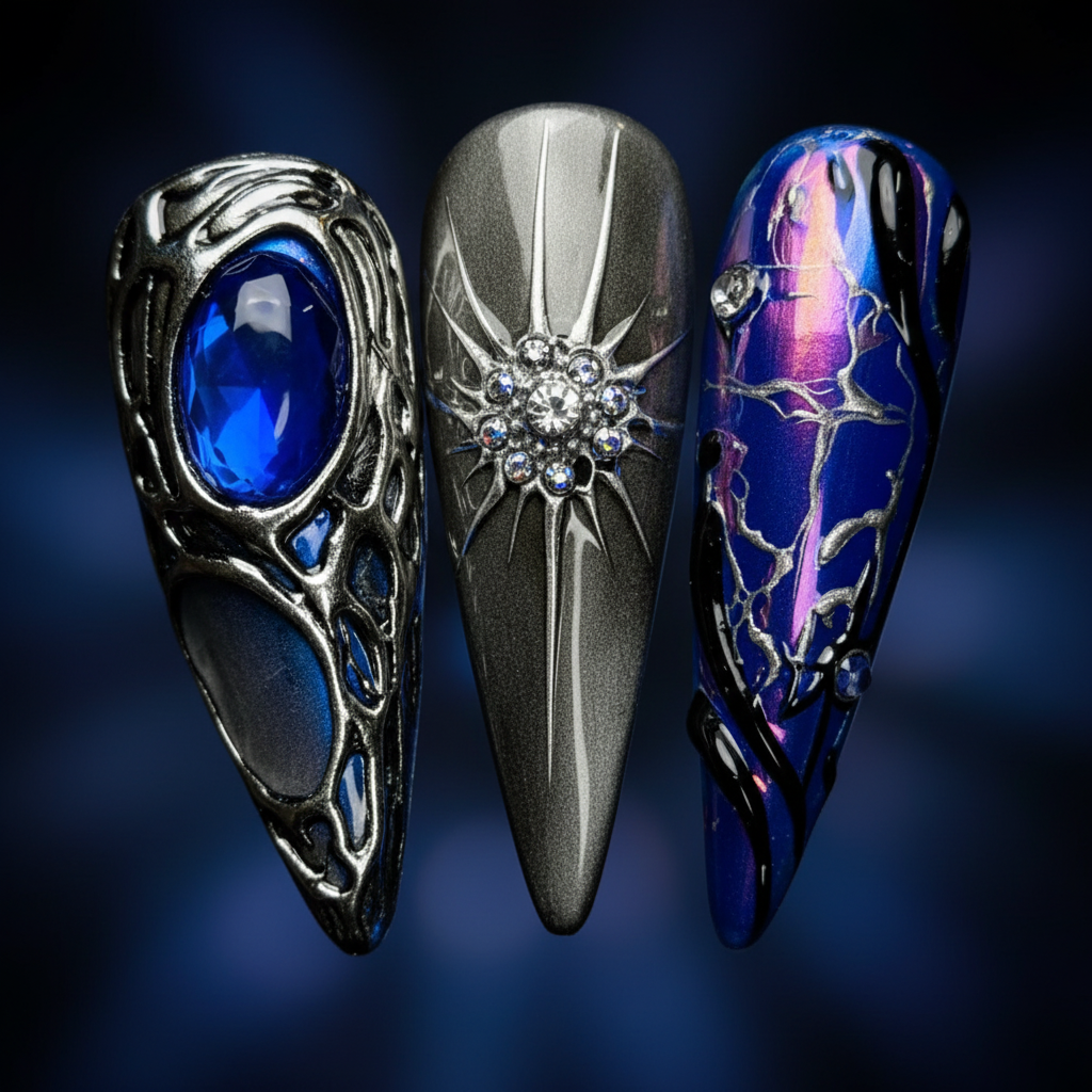 Macro close-up royal blue chrome 3D silver gothic wing sapphire cabochon custom press-on nails — LuxepressCo