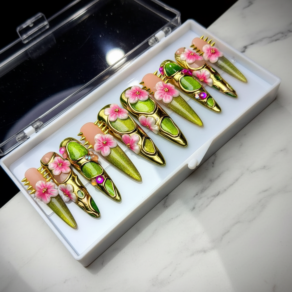 Gold chrome armor green cat-eye 3D cherry blossom spike stiletto custom press-on nails full set on marble — LuxepressCo