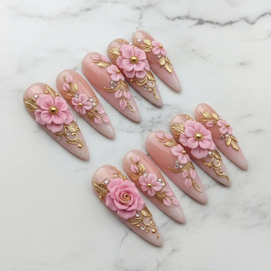 Full set 10 pink 3D floral gold vine stiletto custom press-on nails on marble — LuxepressCo