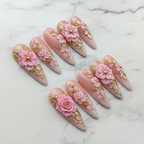 Full set 10 pink 3D floral gold vine stiletto custom press-on nails on marble — LuxepressCo