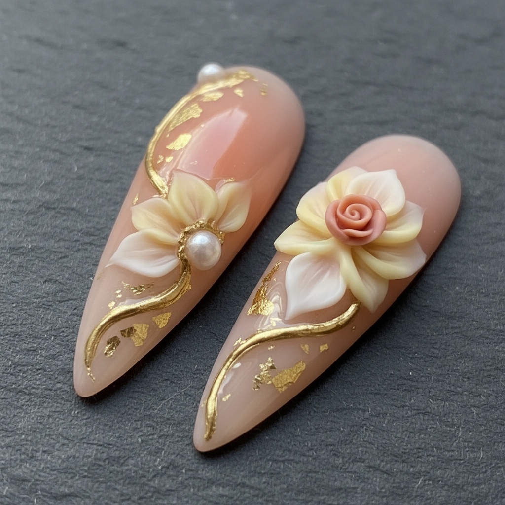 Macro close-up 3D white floral sculpted pearl gold foil peach stiletto custom press-on nails dramatic lighting — LuxepressCo
