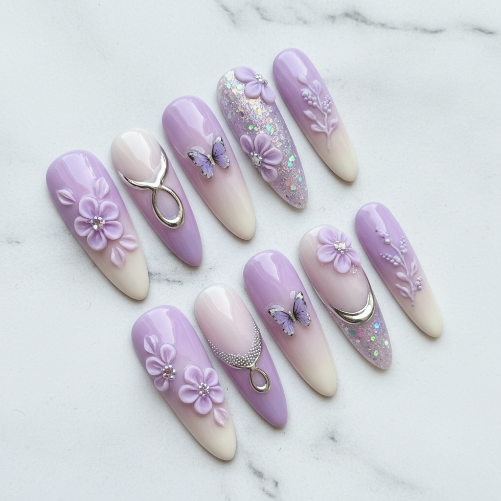 Full set 10 lavender purple 3D floral butterfly almond custom press-on nails on marble — LuxepressCo
