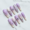Full set 10 lavender purple 3D floral butterfly almond custom press-on nails on marble — LuxepressCo
