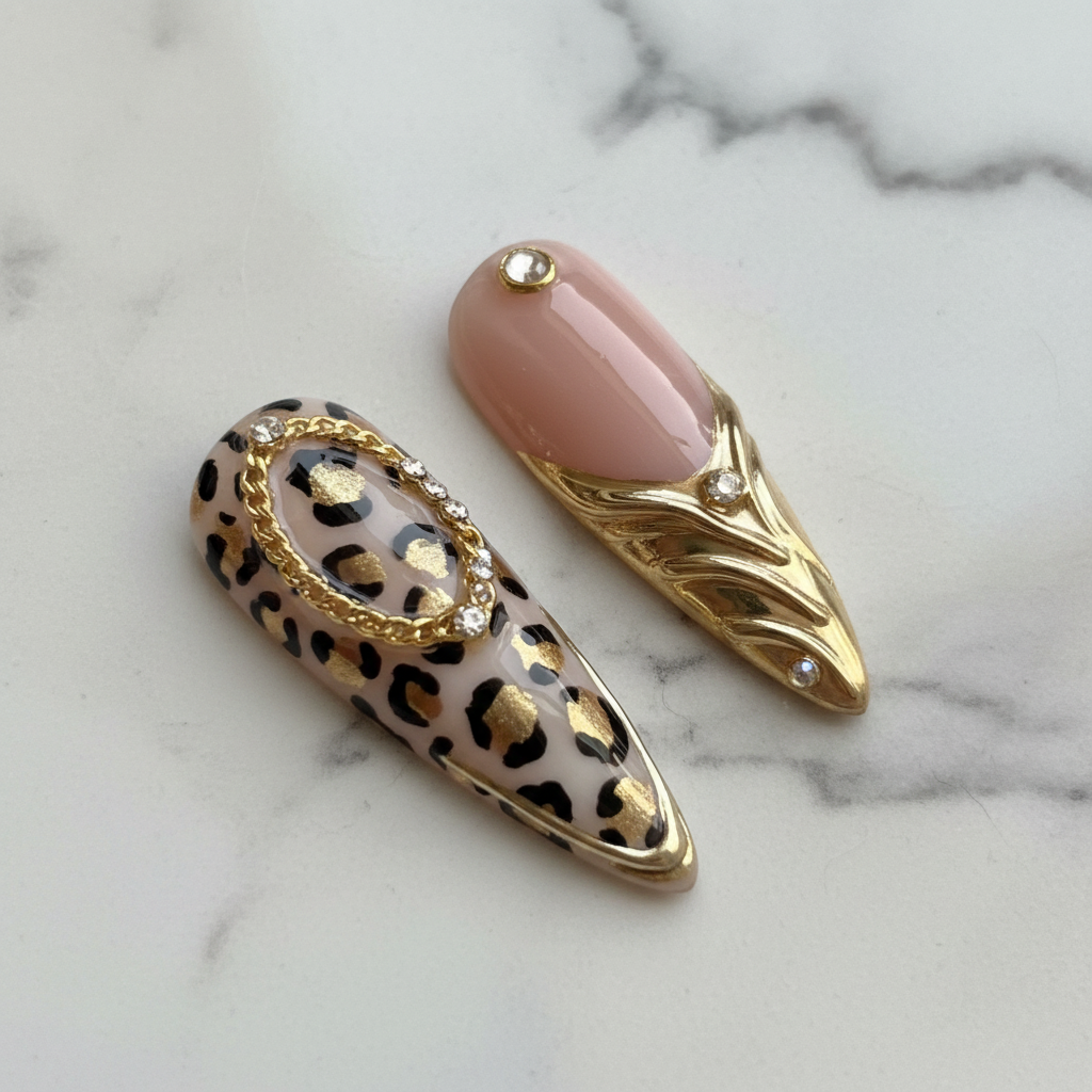 Macro leopard print gold armor sculptural art rhinestone nude blush stiletto reusable nails marble background — LuxepressCo