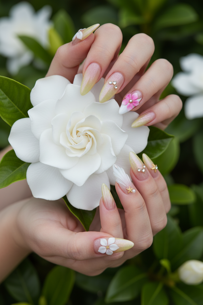 Light-skin hands holding white gardenia wearing nude aurora shimmer 3D plumeria custom press-on nails — LuxepressCo