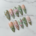 Full set 10 sage green floral 3D lotus cherry blossom gold dragonfly custom press-on nails white marble — LuxepressCo