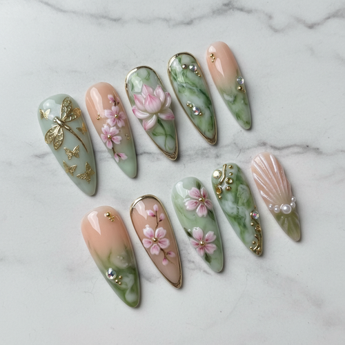 Full set 10 sage green floral 3D lotus cherry blossom gold dragonfly custom press-on nails white marble — LuxepressCo
