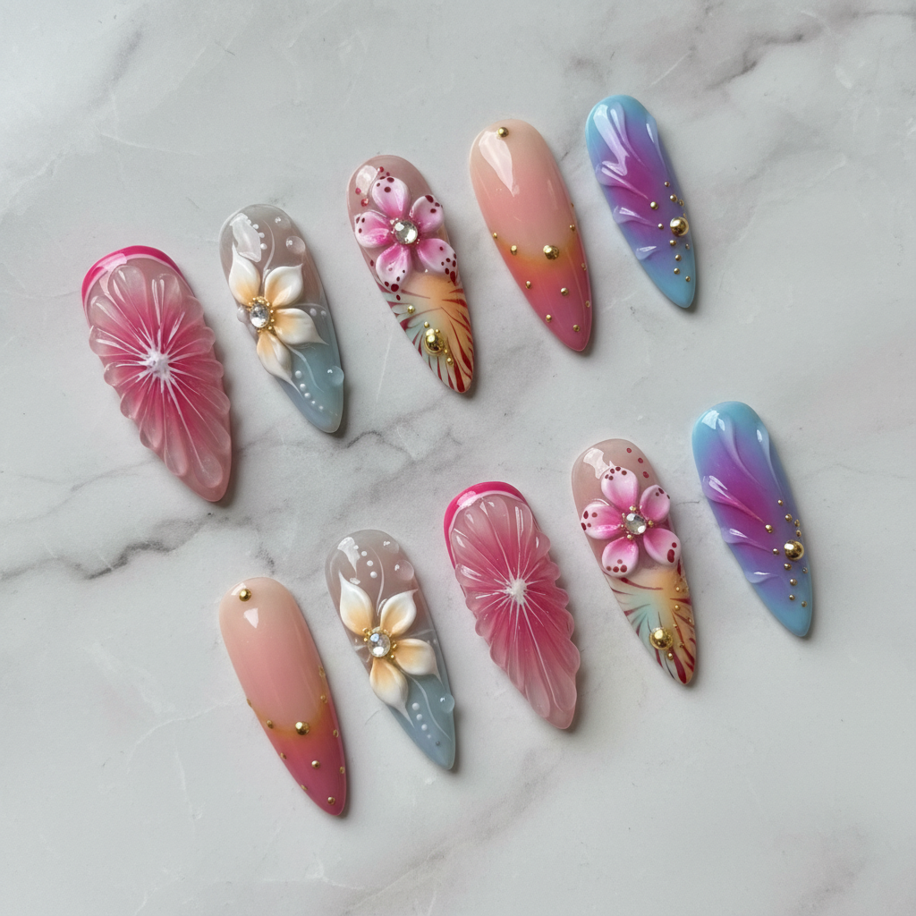 Full set 10 3D floral custom press-on nails pastel ombre pink blue purple rhinestone gold beads almond shape — LuxepressCo