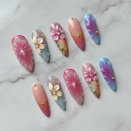 Full set 10 3D floral custom press-on nails pastel ombre pink blue purple rhinestone gold beads almond shape — LuxepressCo