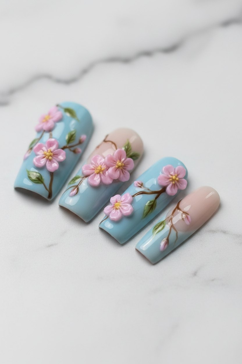 Close-up nude base cherry blossom reusable nails glossy texture marble — LuxepressCo