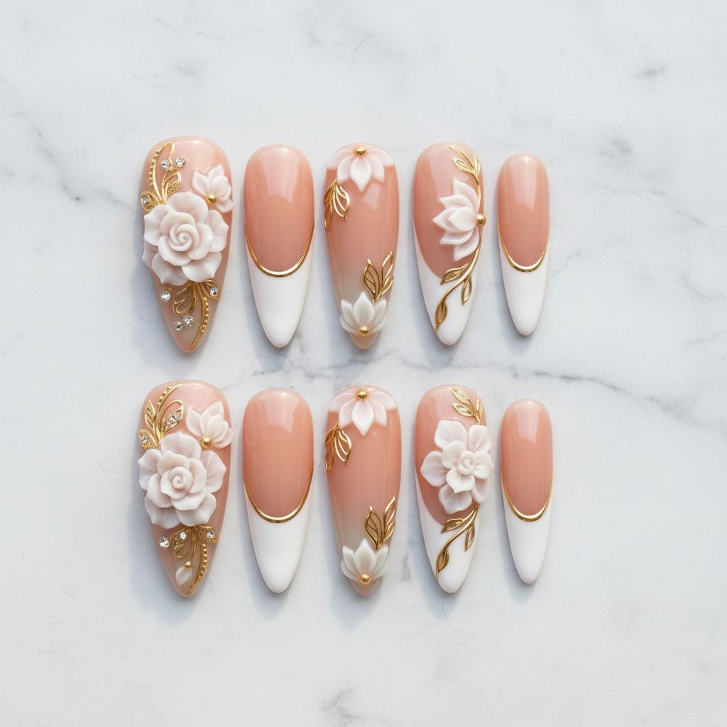 Flat lay top-down full set 10 luxury 3D rose gold bridal reusable press-on nails — LuxepressCo