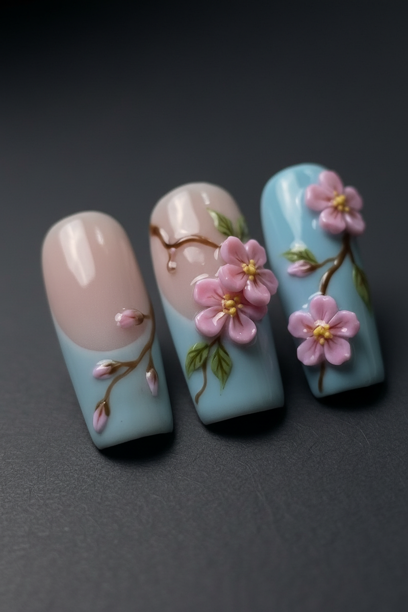 Macro close-up 3D pink cherry blossom custom press-on nails dramatic lighting — LuxepressCo