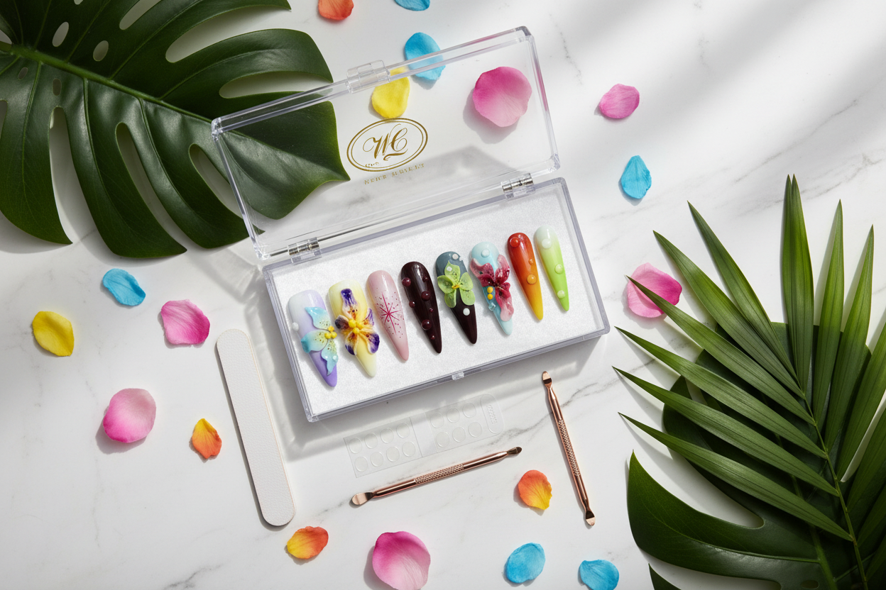 Luxury acrylic box unboxing vivid multicolor 3D botanical stiletto custom press-on nails with accessories — LuxepressCo