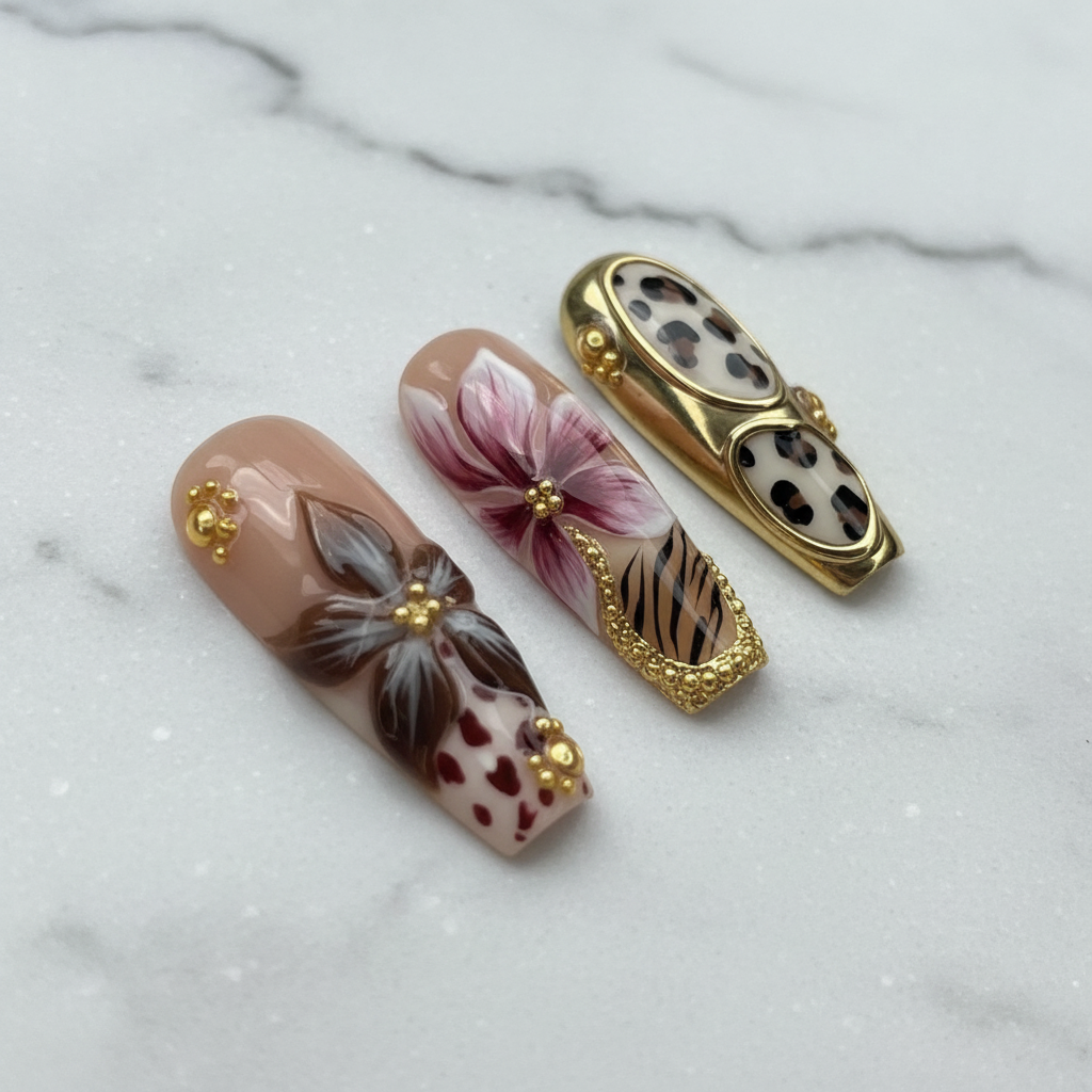 Macro close-up dark floral art pink magnolia zebra stripe gold bead nude base square press-on nails glossy finish marble — LuxepressCo