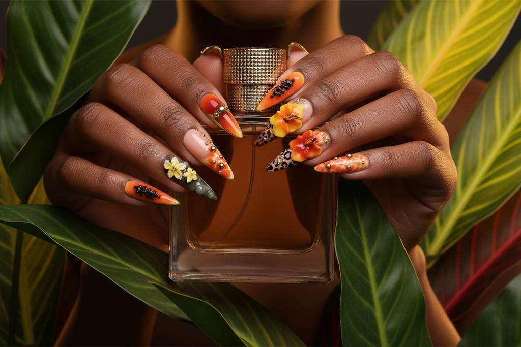 Dark skin hands holding amber perfume with tropical leaves wearing tropical hibiscus custom press-on nails — LuxepressCo