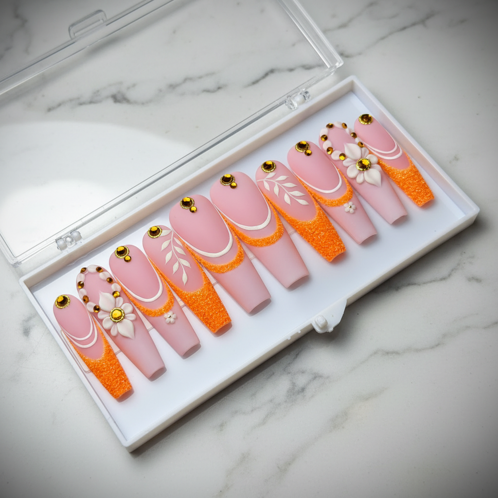 Matte pink orange glitter floral 3D flower gold rhinestone custom press-on nails full set on marble — LuxepressCo