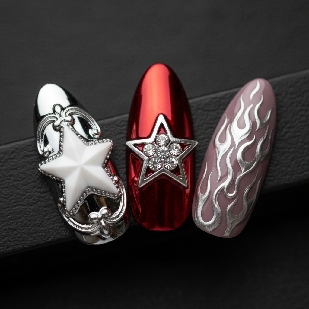 Macro close-up chrome silver star white 3D star chrome red star frame silver flame mauve almond custom press-on nails detail — LuxepressCo