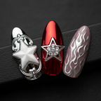 Macro close-up chrome silver star white 3D star chrome red star frame silver flame mauve almond custom press-on nails detail — LuxepressCo
