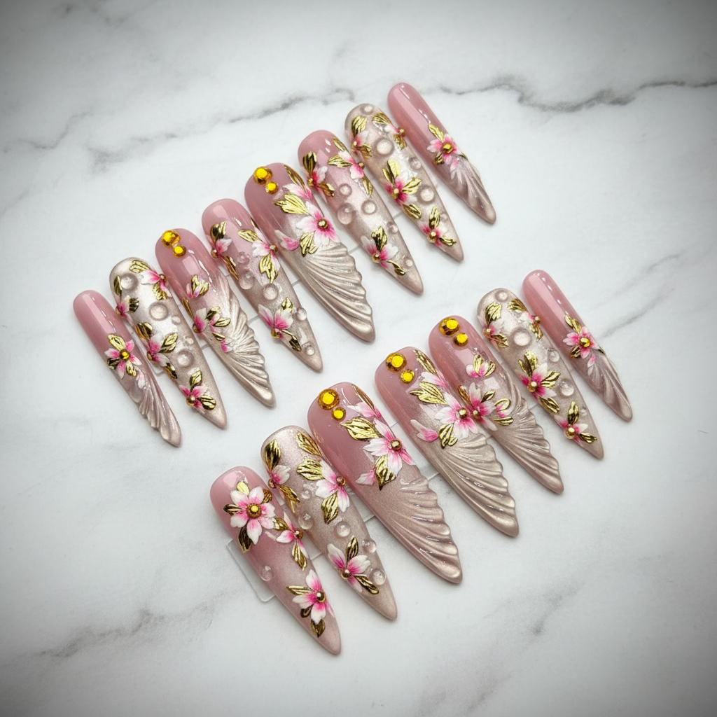 Bridal pink 3D gold floral angel wing pearl bubble custom press-on nails stiletto full set on marble — LuxepressCo