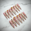 Bridal pink 3D gold floral angel wing pearl bubble custom press-on nails stiletto full set on marble — LuxepressCo
