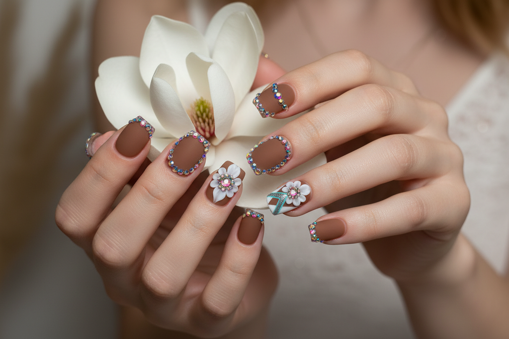 Light skin hands holding white magnolia wearing brown rhinestone boho reusable nails salon-quality — LuxepressCo