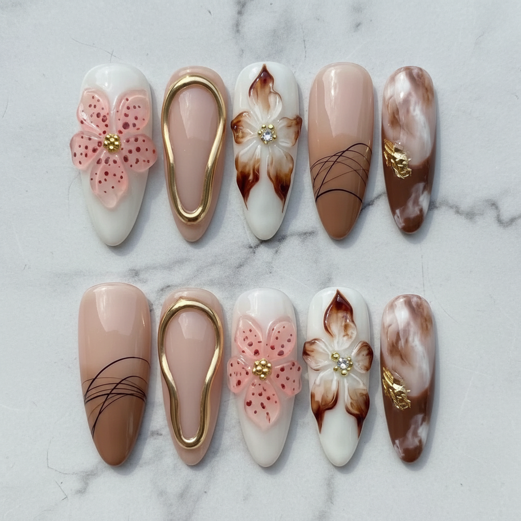 Flat lay top-down full set 10 3D pink flower gold frame magnolia marble salon-quality nails white marble — LuxepressCo