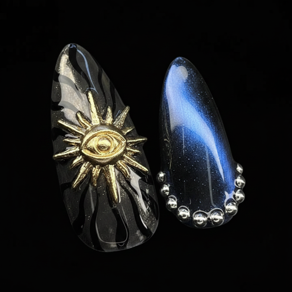 Macro close-up 3D gold sun eye charm and blue cat eye chrome salon-quality press-on nails dark marble — LuxepressCo