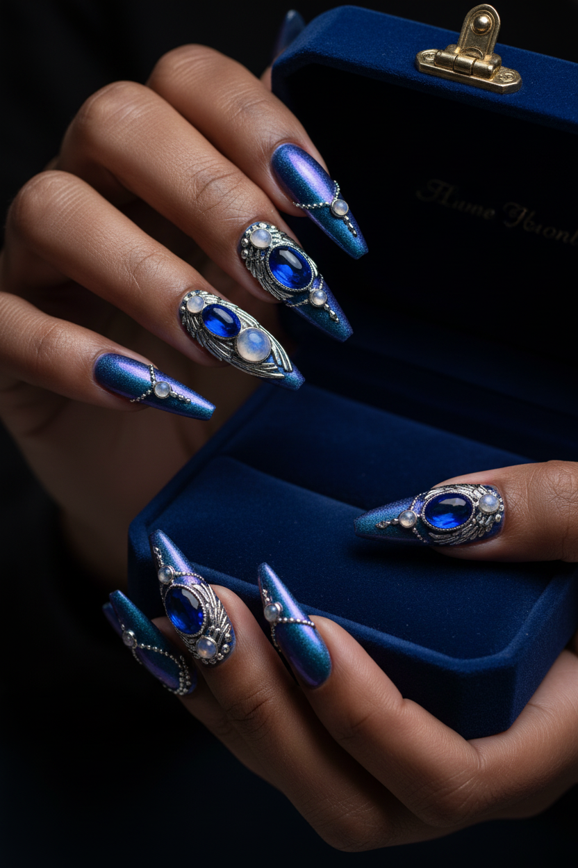 Dark skin hands with blue chrome moonstone gothic wing salon-quality press-on nails holding jewelry box — LuxepressCo