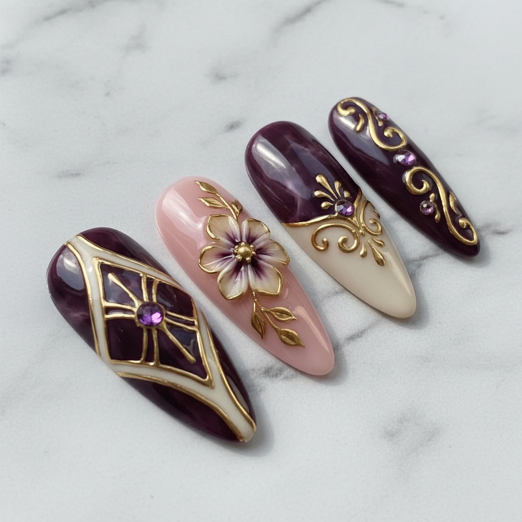 Macro plum marble gold geometric diamond lattice amethyst rhinestone almond reusable nails marble background — LuxepressCo