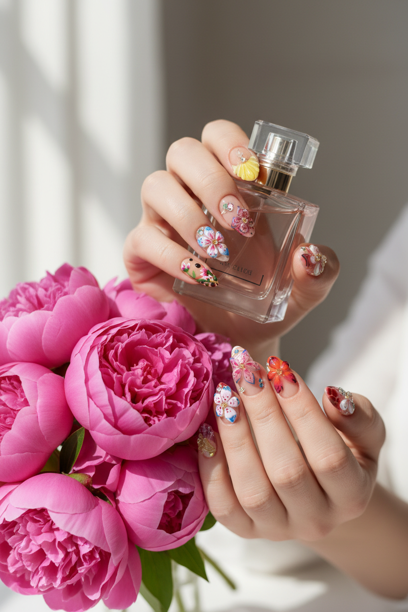 Fair skin lifestyle 3D floral butterfly orchid rhinestone custom press-on nails holding peonies luxury — LuxepressCo