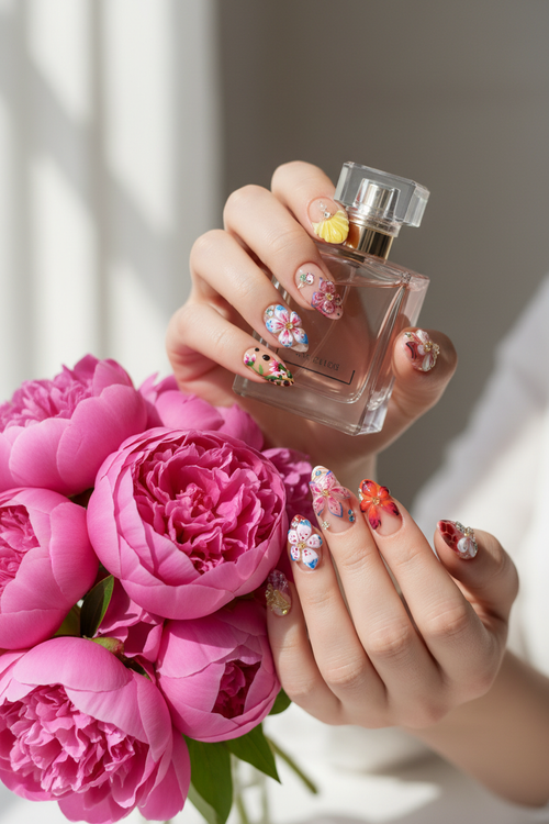 Fair skin lifestyle 3D floral butterfly orchid rhinestone custom press-on nails holding peonies luxury — LuxepressCo