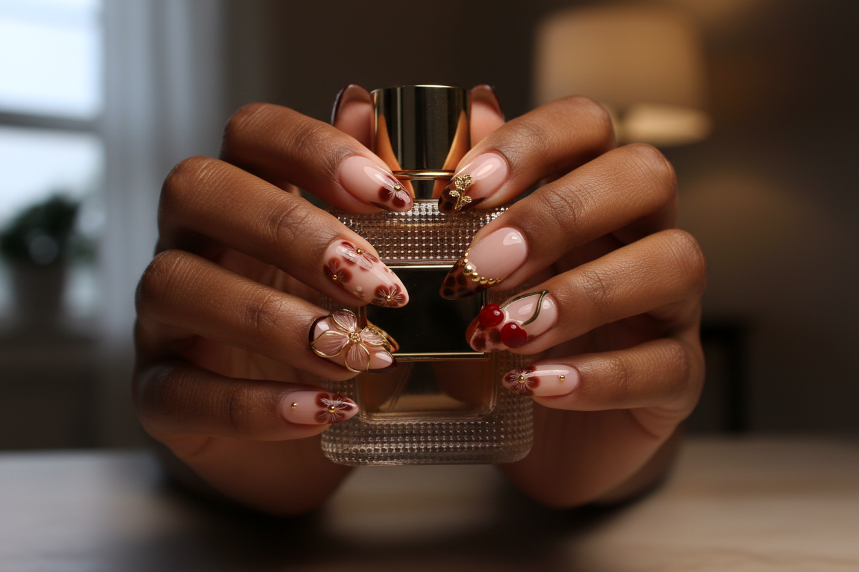 Dark-skin hands wearing dark cherry tortoiseshell almond gold flower butterfly custom press-on nails holding perfume — LuxepressCo