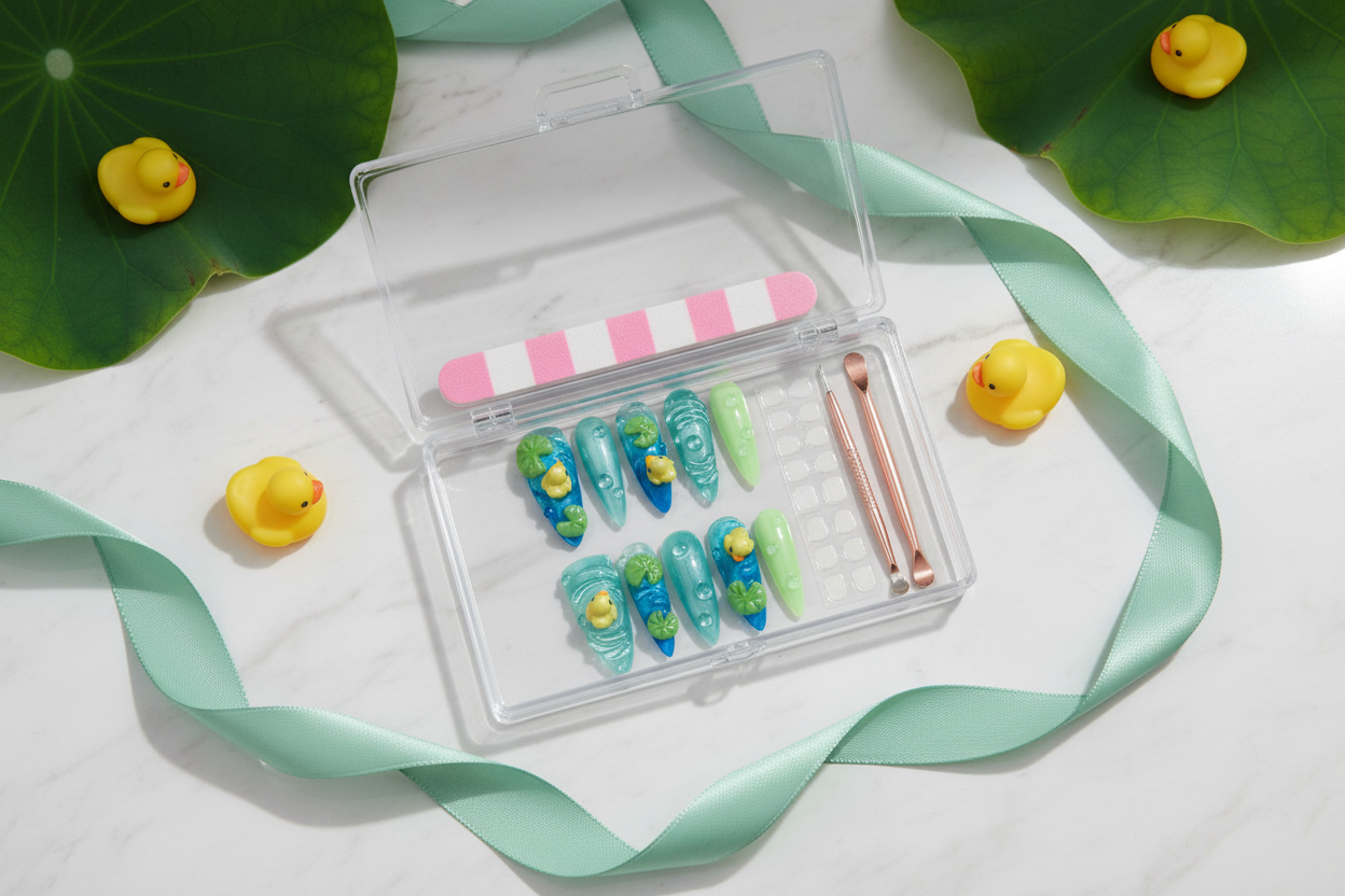 Luxury acrylic box unboxing teal mint jelly glass 3D rubber duck lily pad stiletto custom press-on nails with accessories — LuxepressCo