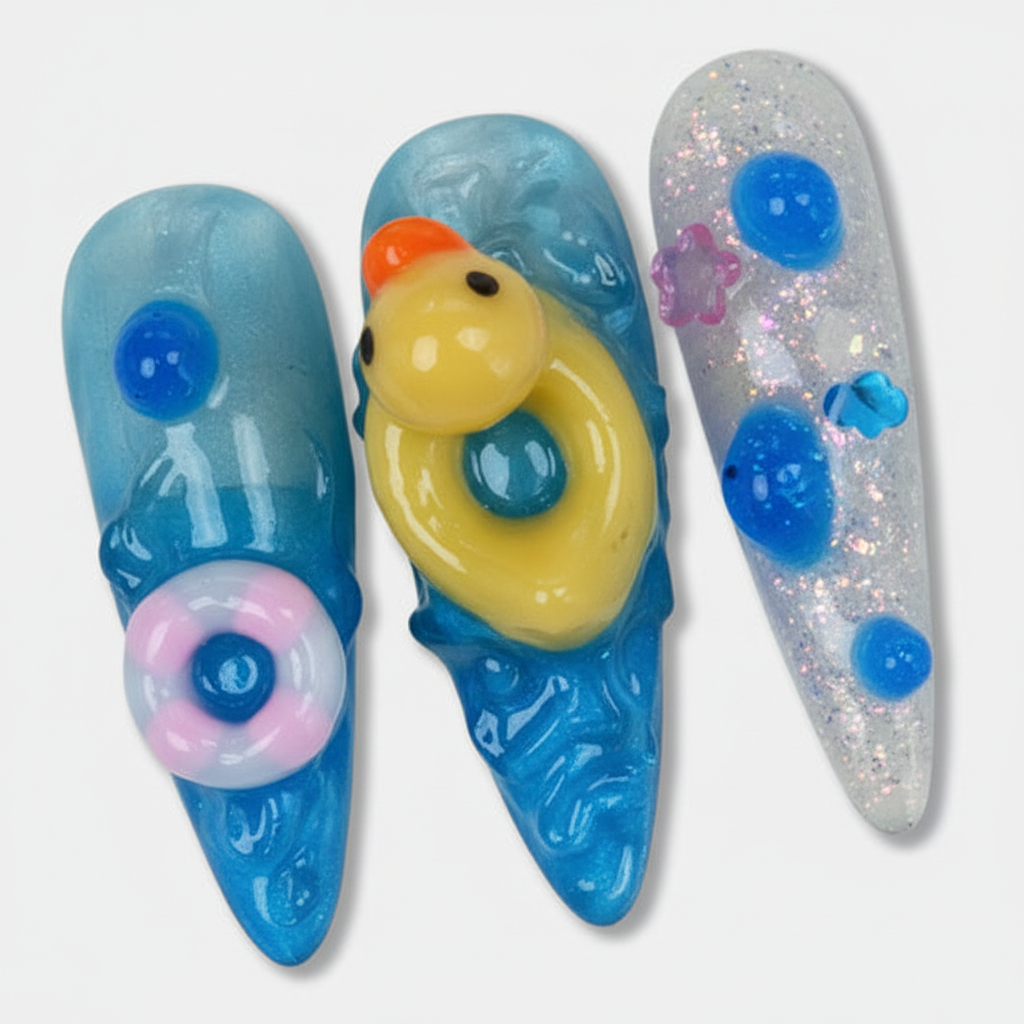 Macro close-up jelly blue wave 3D yellow rubber duck donut pool float dome dots salon-quality stiletto press-on nails — LuxepressCo