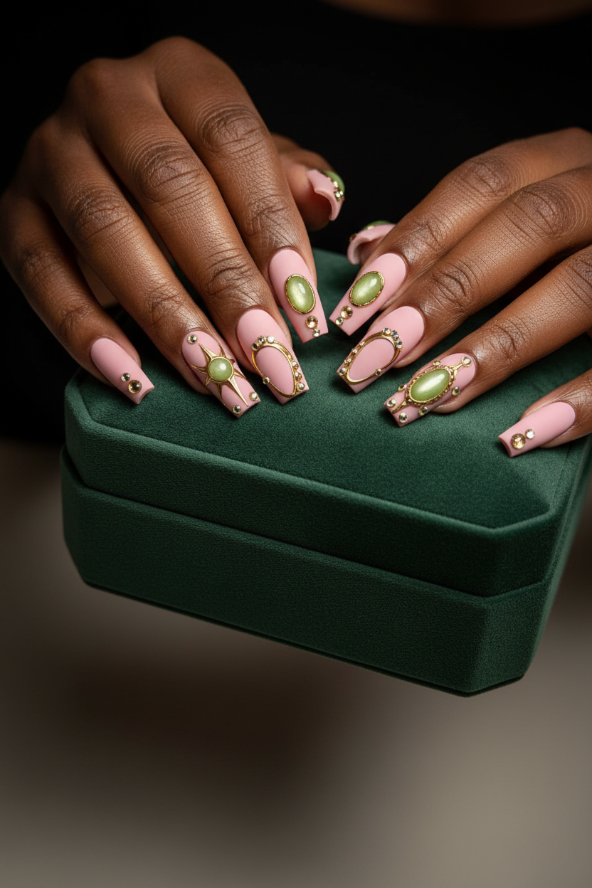 Dark-skin lifestyle olive green celestial moon star gold frame custom press-on nails holding velvet box — LuxepressCo