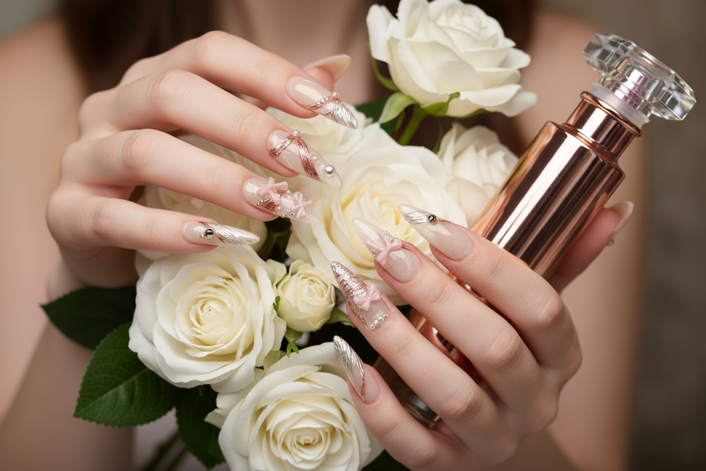 Lifestyle light skin hands wearing rose gold ribbon pearl custom press-on nails holding white roses — LuxepressCo
