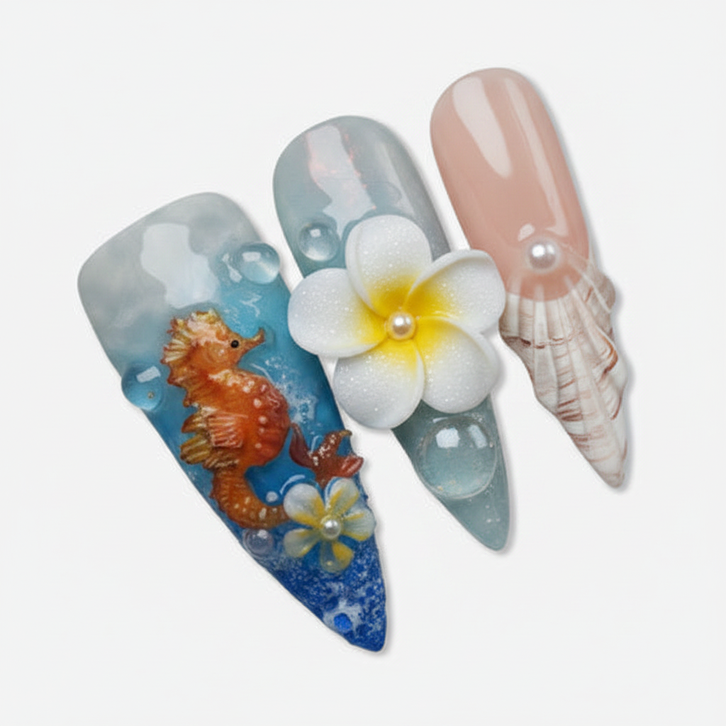 Macro close-up nude blue watercolor painted seahorse 3D white plumeria seashell fan pearl salon-quality stiletto press-on nails — LuxepressCo