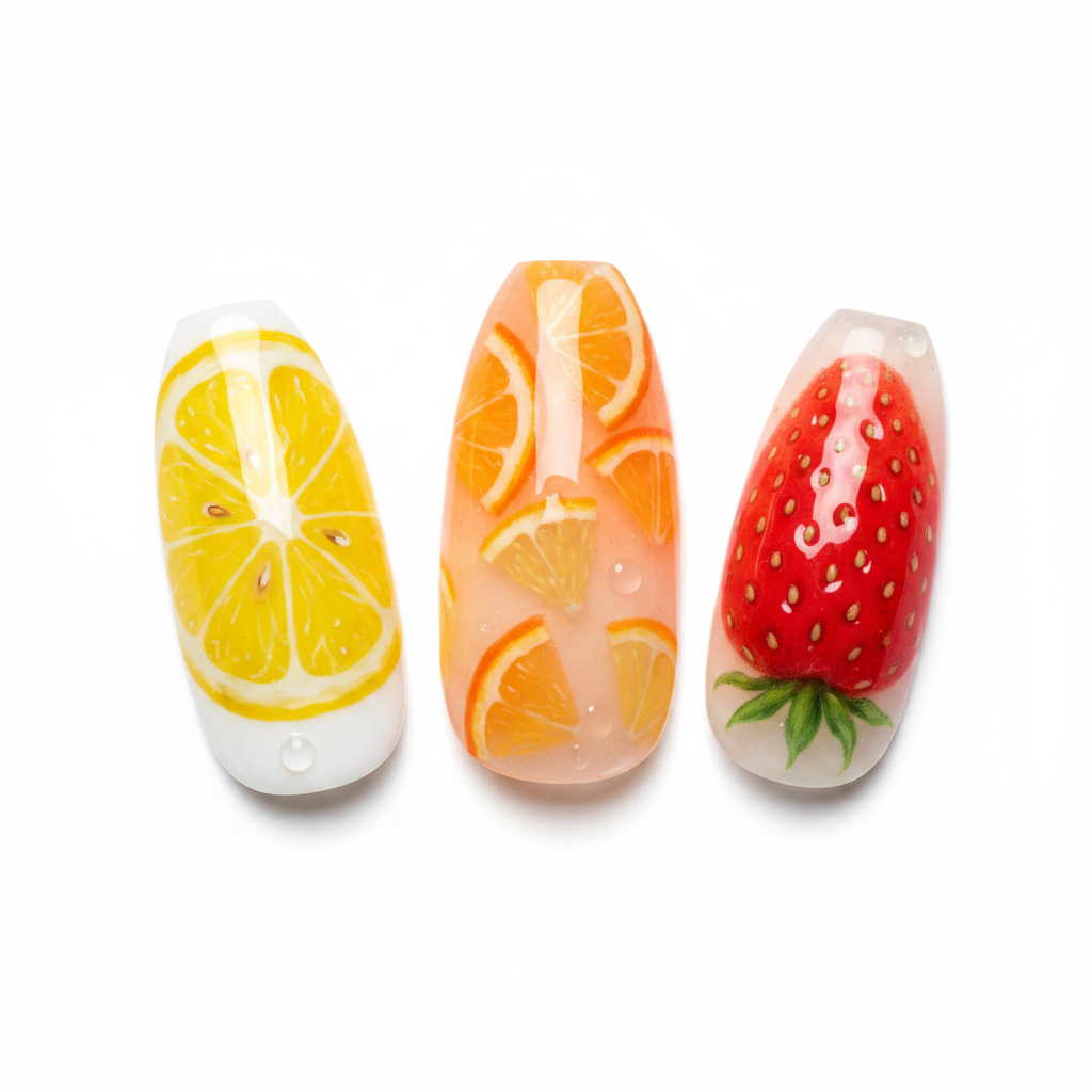 Macro close-up yellow lemon slice strawberry orange jelly ombre gradient nail art — LuxepressCo