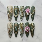 Sage green orchid baroque gold leaf 10 custom press-on nails flat lay top-down studio marble — LuxepressCo