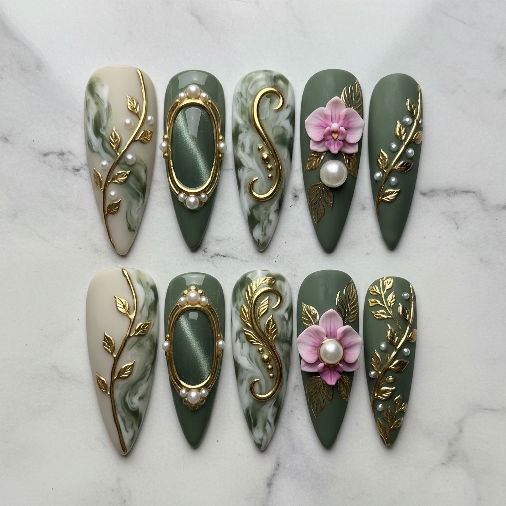 Sage green orchid baroque gold leaf 10 custom press-on nails flat lay top-down studio marble — LuxepressCo
