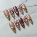 Full set 10 luxury stiletto custom press-on nails 3D orchid gold foil marble background — LuxepressCo