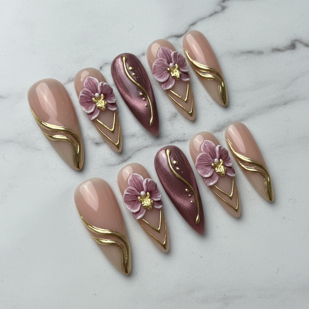 Full set 10 luxury stiletto custom press-on nails 3D orchid gold foil marble background — LuxepressCo