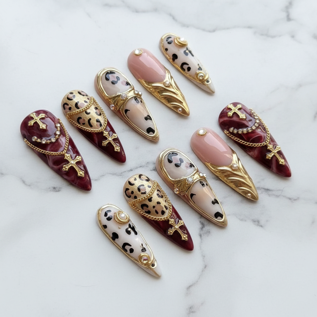 Burgundy leopard gold cross chain armor rhinestone press-on nails hero shot white marble studio custom press-on nails — LuxepressCo