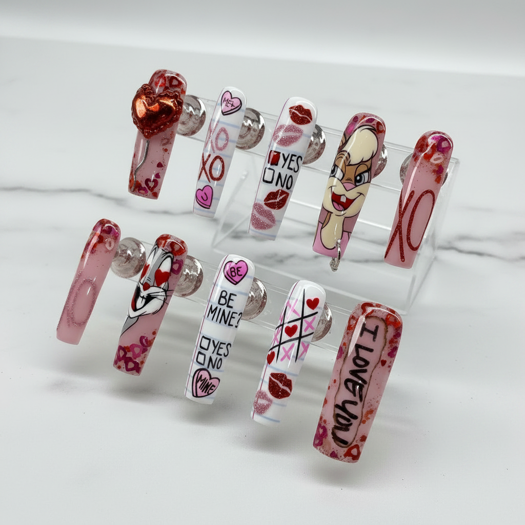 Valentine's Day XOXO hearts cartoon glitter long coffin custom press-on nails full set marble studio — LuxepressCo