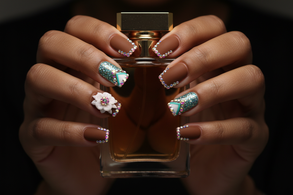 Dark skin hands holding amber perfume wearing brown rhinestone boho custom press-on nails inclusive beauty — LuxepressCo